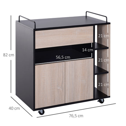Kitchen Trolley Cart with Double Door Cupboard + 3 Shelves + Niche + Sliding Drawer Particle Board Black Oak