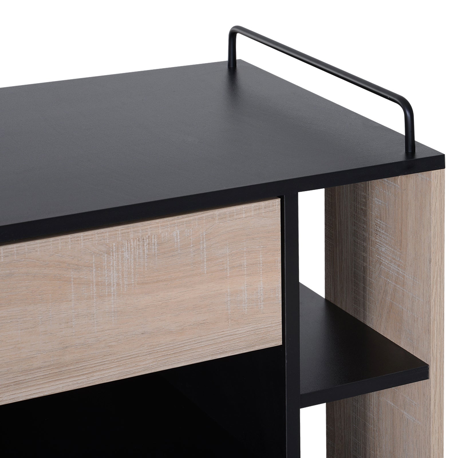 Kitchen Trolley Cart with Double Door Cupboard + 3 Shelves + Niche + Sliding Drawer Particle Board Black Oak