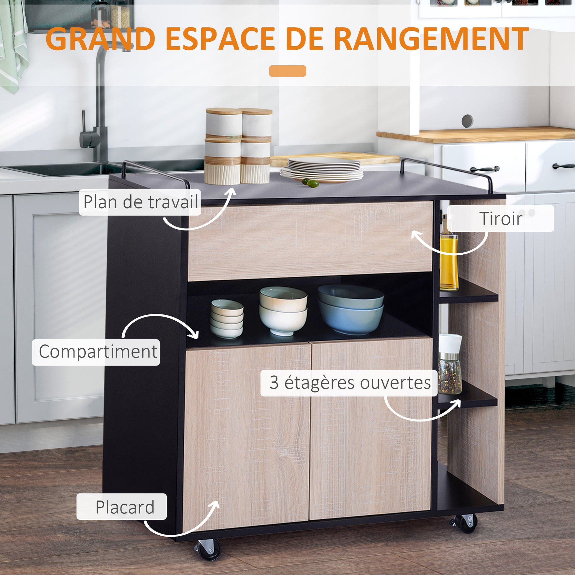Kitchen Trolley Cart with Double Door Cupboard + 3 Shelves + Niche + Sliding Drawer Particle Board Black Oak