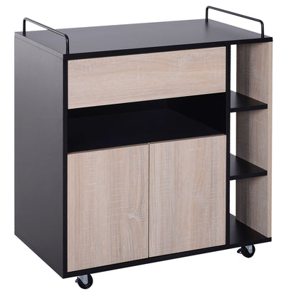 Kitchen Trolley Cart with Double Door Cupboard + 3 Shelves + Niche + Sliding Drawer Particle Board Black Oak