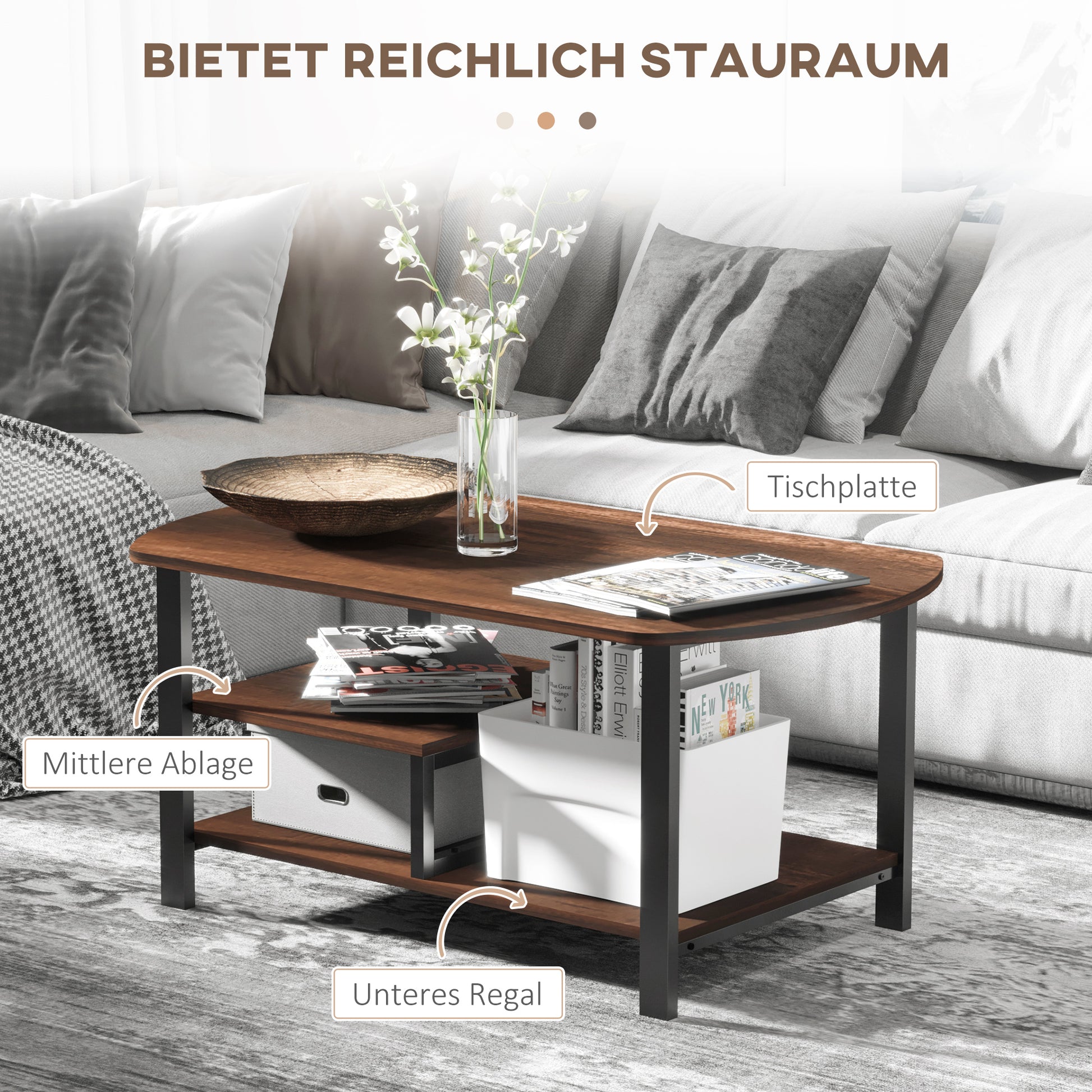 Coffee Table, Living Room Table, Coffee Table with Shelves for Office, Living Room, Bedroom, Industrial Style, E1 Particle Board, Steel, Brown, 100L x 60W x 46H cm
