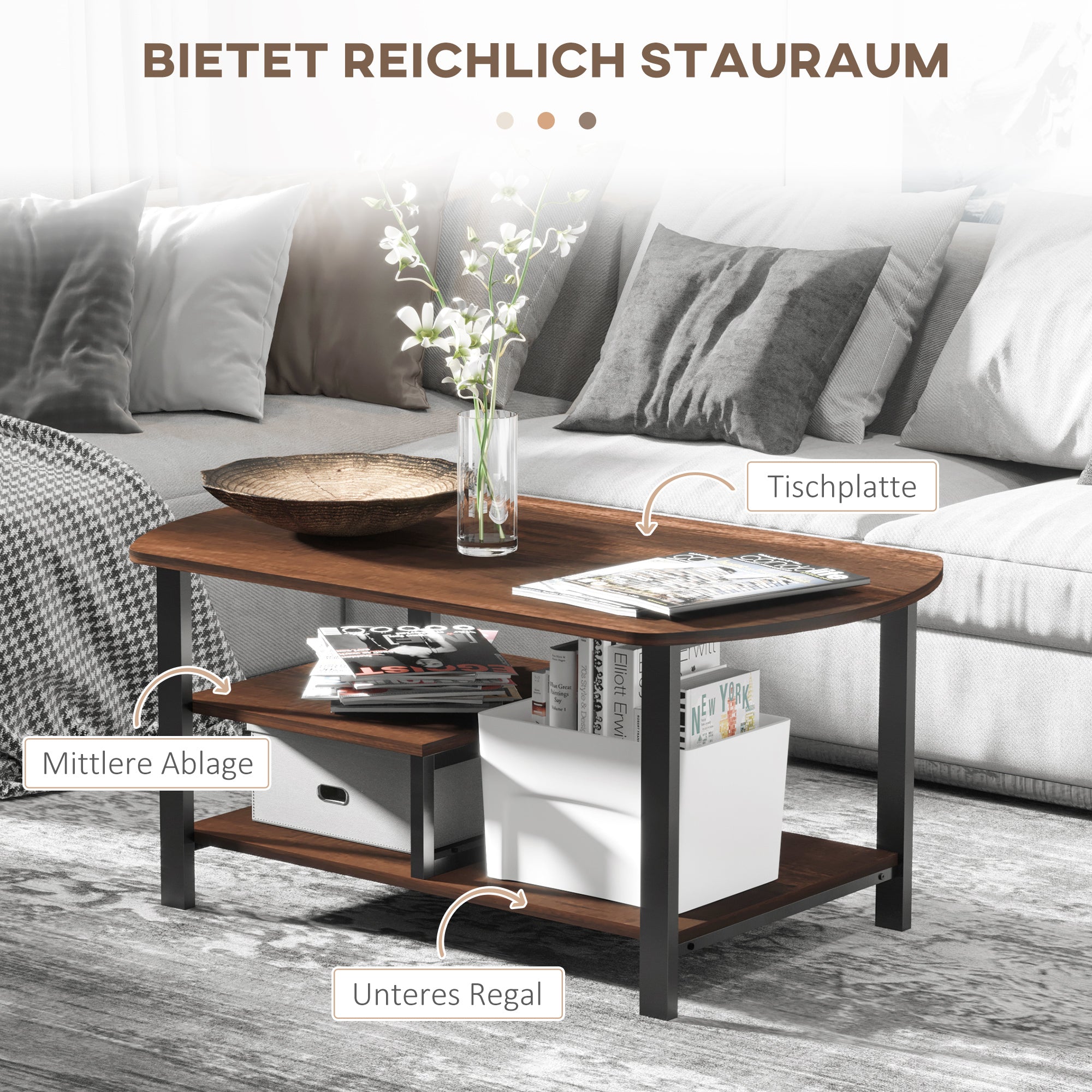 Coffee Table, Living Room Table, Coffee Table with Shelves for Office, Living Room, Bedroom, Industrial Style, E1 Particle Board, Steel, Brown, 100L x 60W x 46H cm