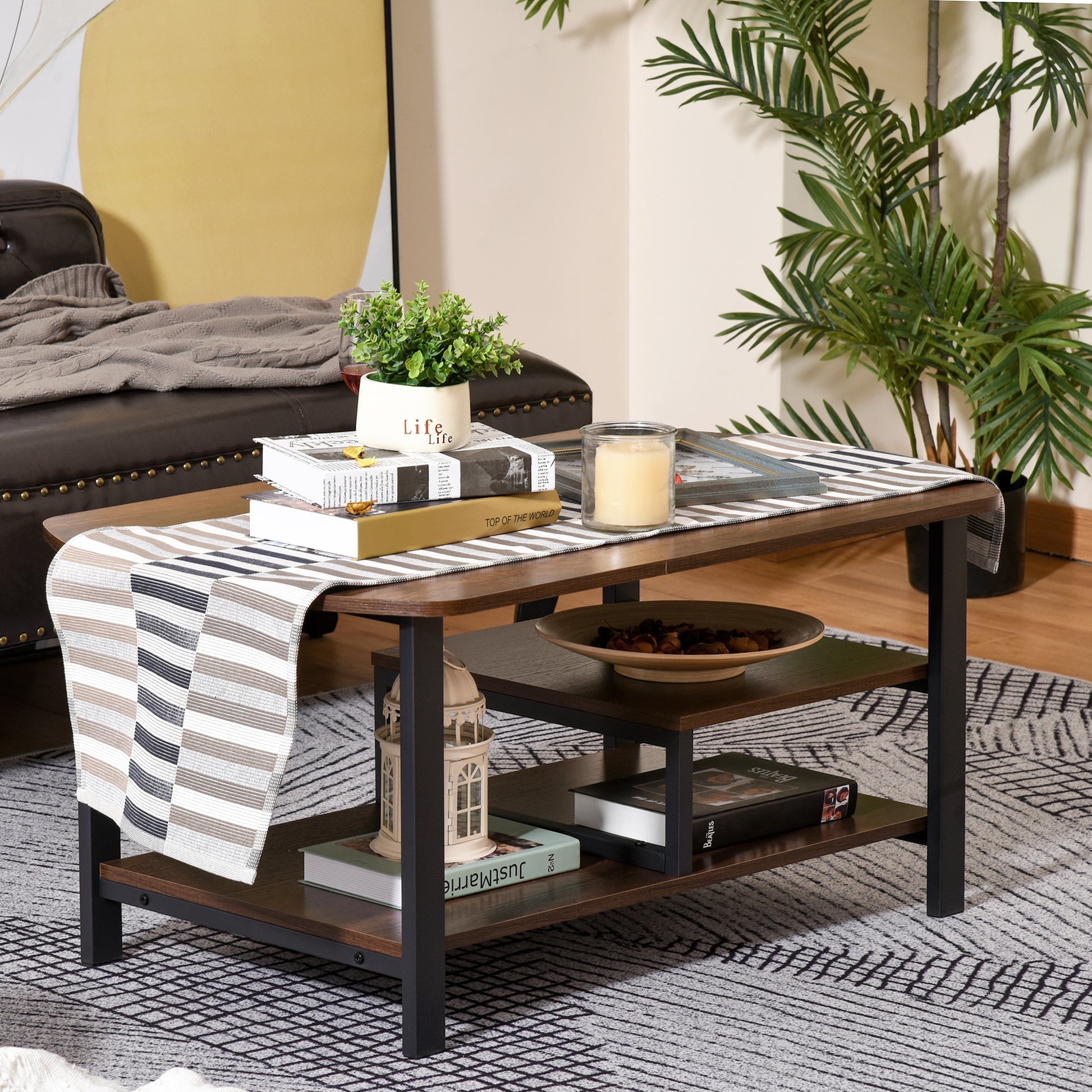 Coffee Table, Living Room Table, Coffee Table with Shelves for Office, Living Room, Bedroom, Industrial Style, E1 Particle Board, Steel, Brown, 100L x 60W x 46H cm