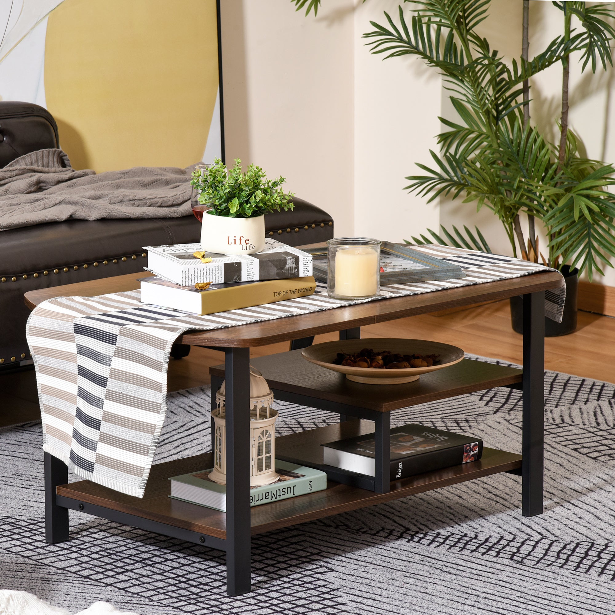 Coffee Table, Living Room Table, Coffee Table with Shelves for Office, Living Room, Bedroom, Industrial Style, E1 Particle Board, Steel, Brown, 100L x 60W x 46H cm