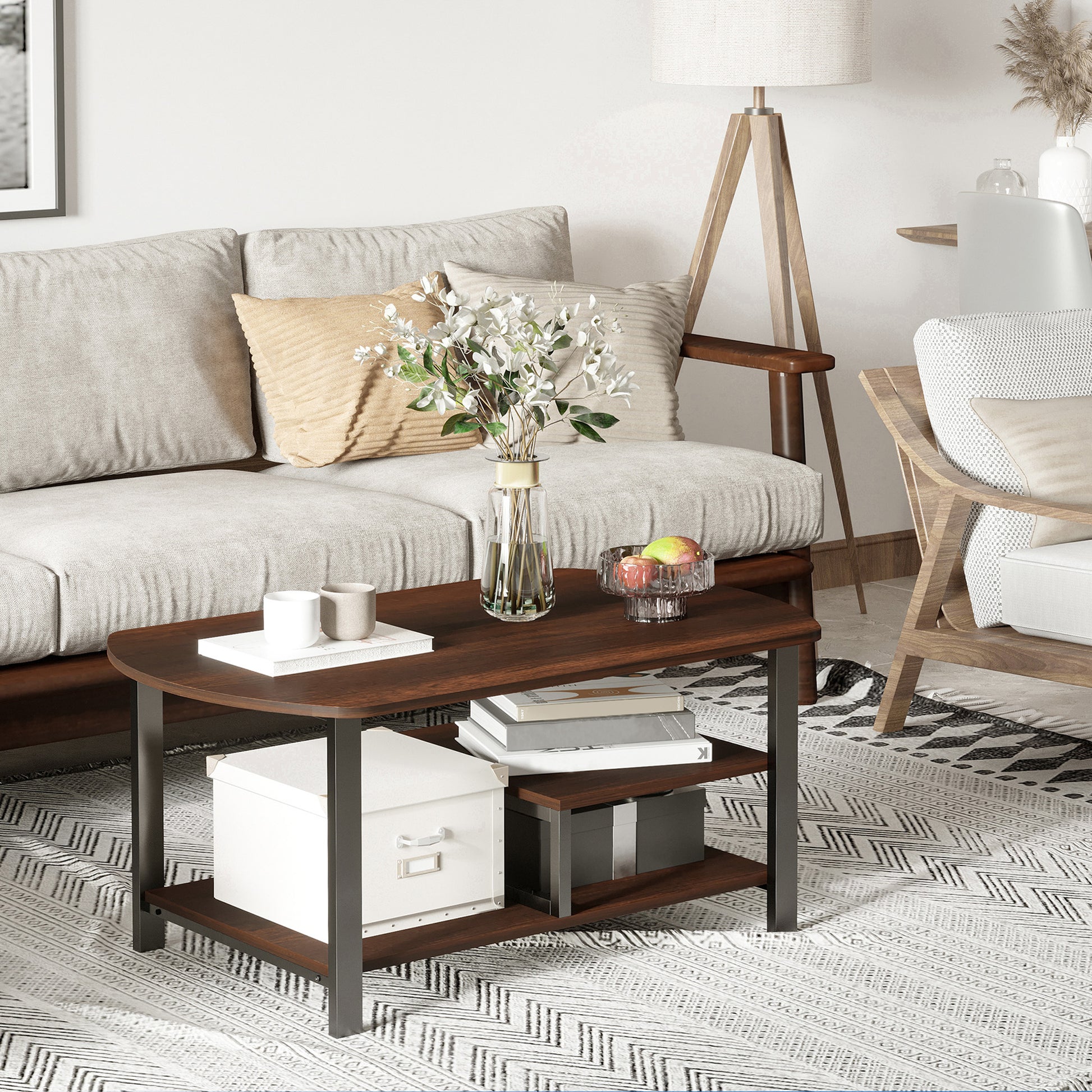 Coffee Table, Living Room Table, Coffee Table with Shelves for Office, Living Room, Bedroom, Industrial Style, E1 Particle Board, Steel, Brown, 100L x 60W x 46H cm