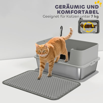 Stainless Steel Open Cat Litter Box with Scoop, High Sides & Mat, XXL for Cats up to 15.4 lb (23.7 x 15.8 x 11.6 in), Gray