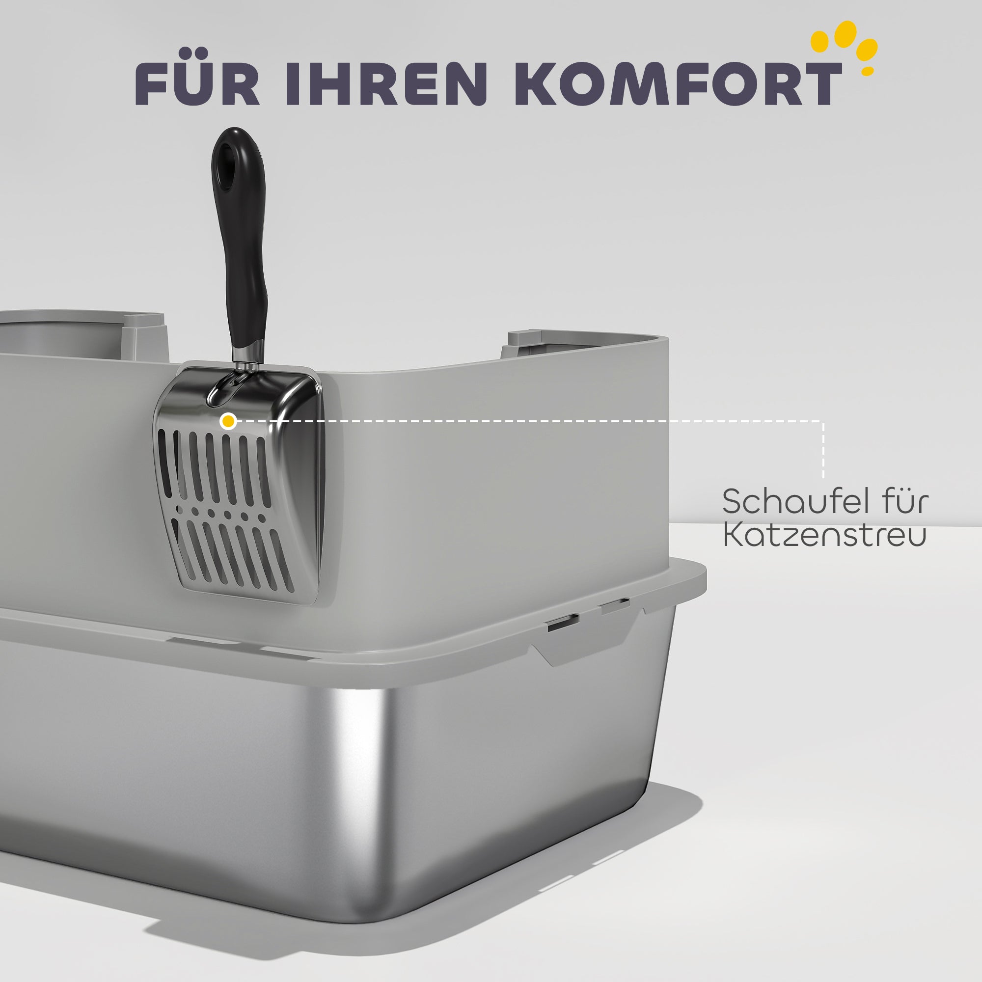 Stainless Steel Open Cat Litter Box with Scoop, High Sides & Mat, XXL for Cats up to 15.4 lb (23.7 x 15.8 x 11.6 in), Gray