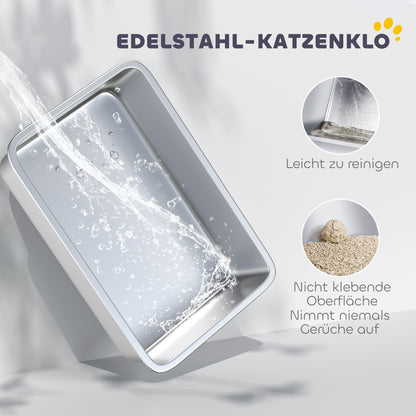 Stainless Steel Open Cat Litter Box with Scoop, High Sides & Mat, XXL for Cats up to 15.4 lb (23.7 x 15.8 x 11.6 in), Gray