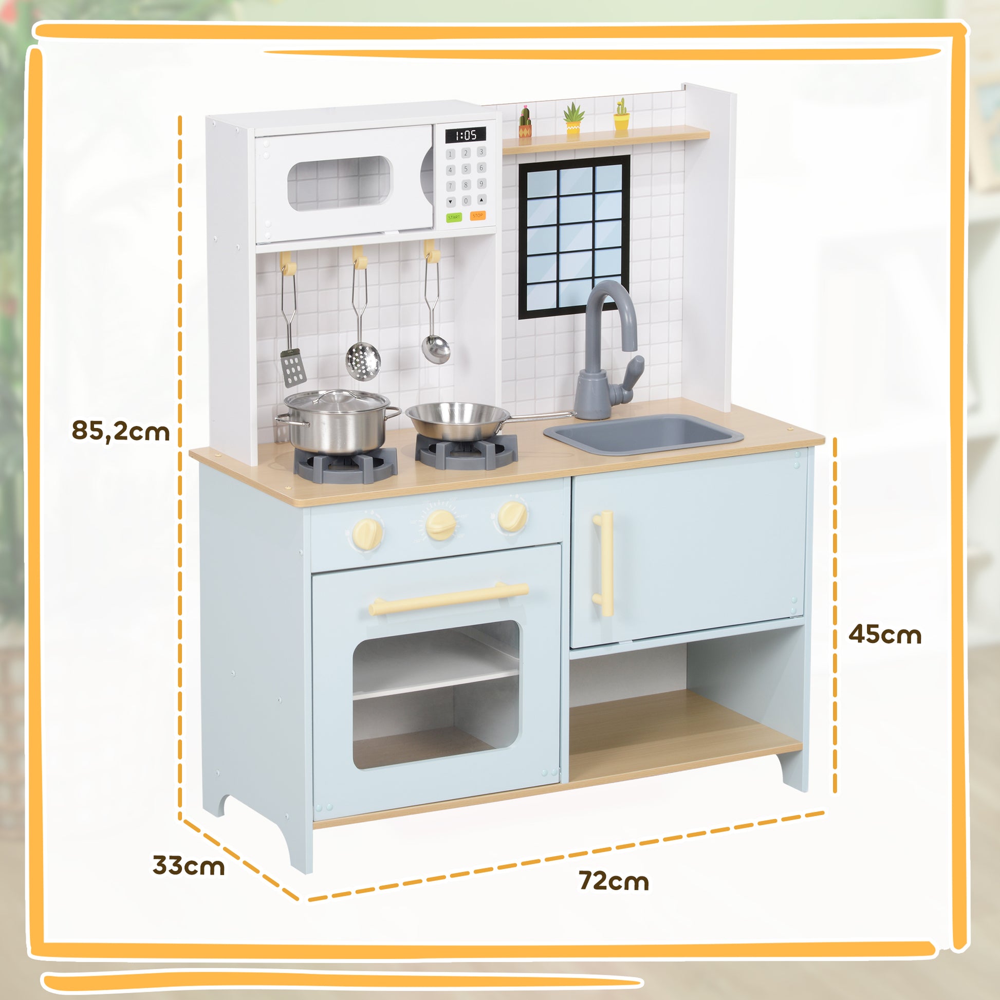 Children's Kitchen Play Kitchen with Microwave, Stove, Oven, and Kitchen Accessories, Doll's Kitchen with Storage Space for 3+ Year Olds, Blue