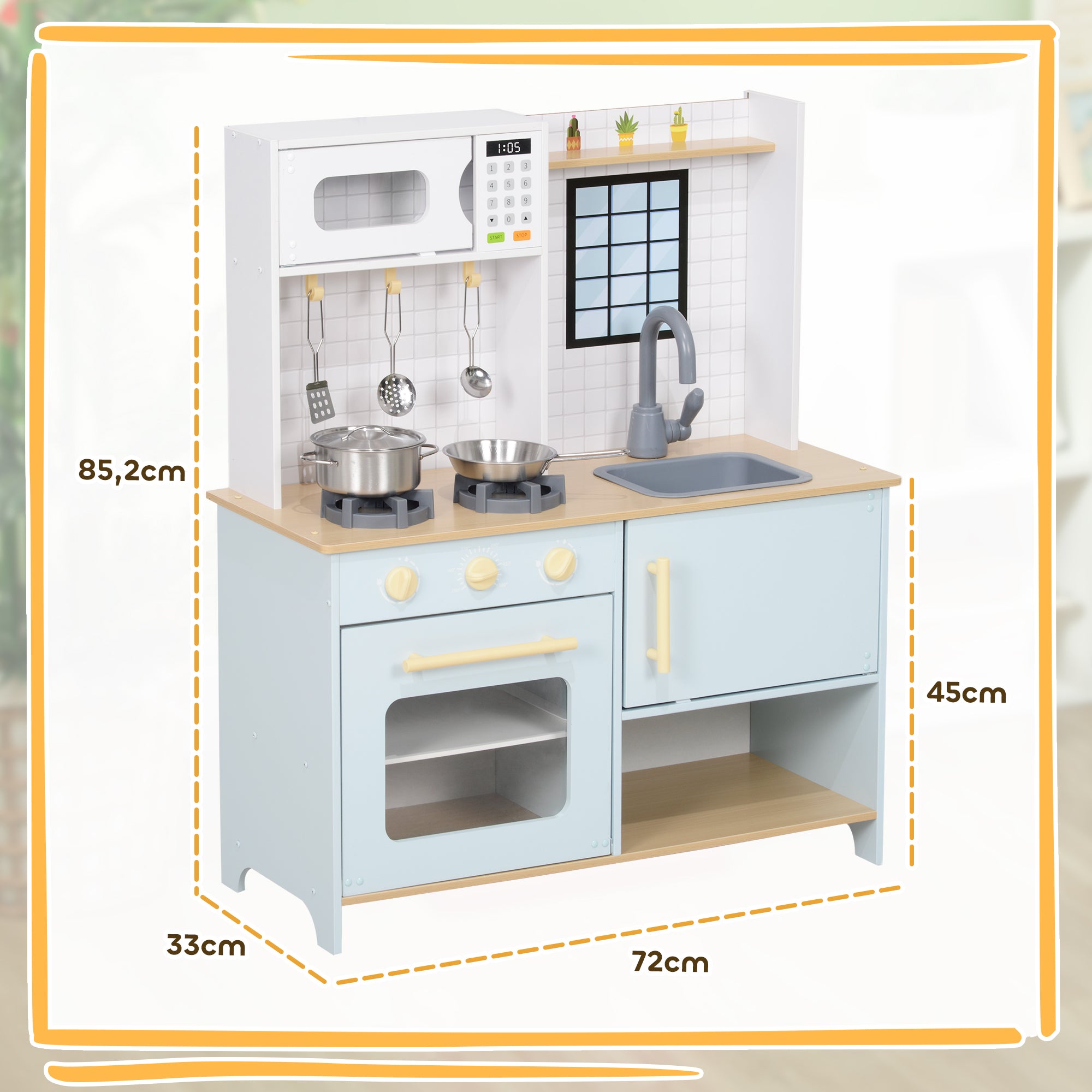 Children's Kitchen Play Kitchen with Microwave, Stove, Oven, and Kitchen Accessories, Doll's Kitchen with Storage Space for 3+ Year Olds, Blue