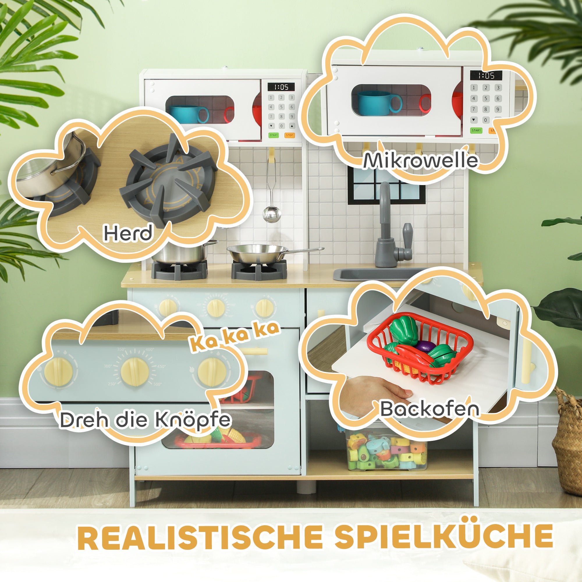 Children's Kitchen Play Kitchen with Microwave, Stove, Oven, and Kitchen Accessories, Doll's Kitchen with Storage Space for 3+ Year Olds, Blue