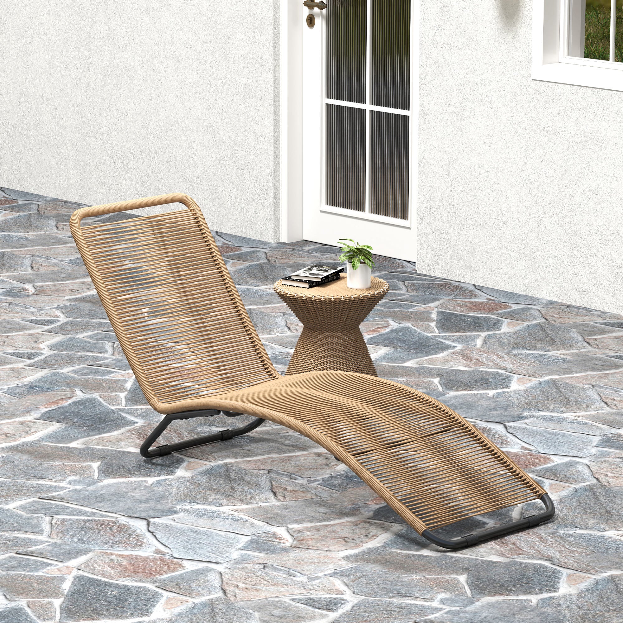 S-shaped Rattan PE and Steel Sun Lounger, Breathable Sun Loungers for Garden, Anti-UV, for Beach, Pool and Garden, 176x58x82 cm, Black and Wood Color