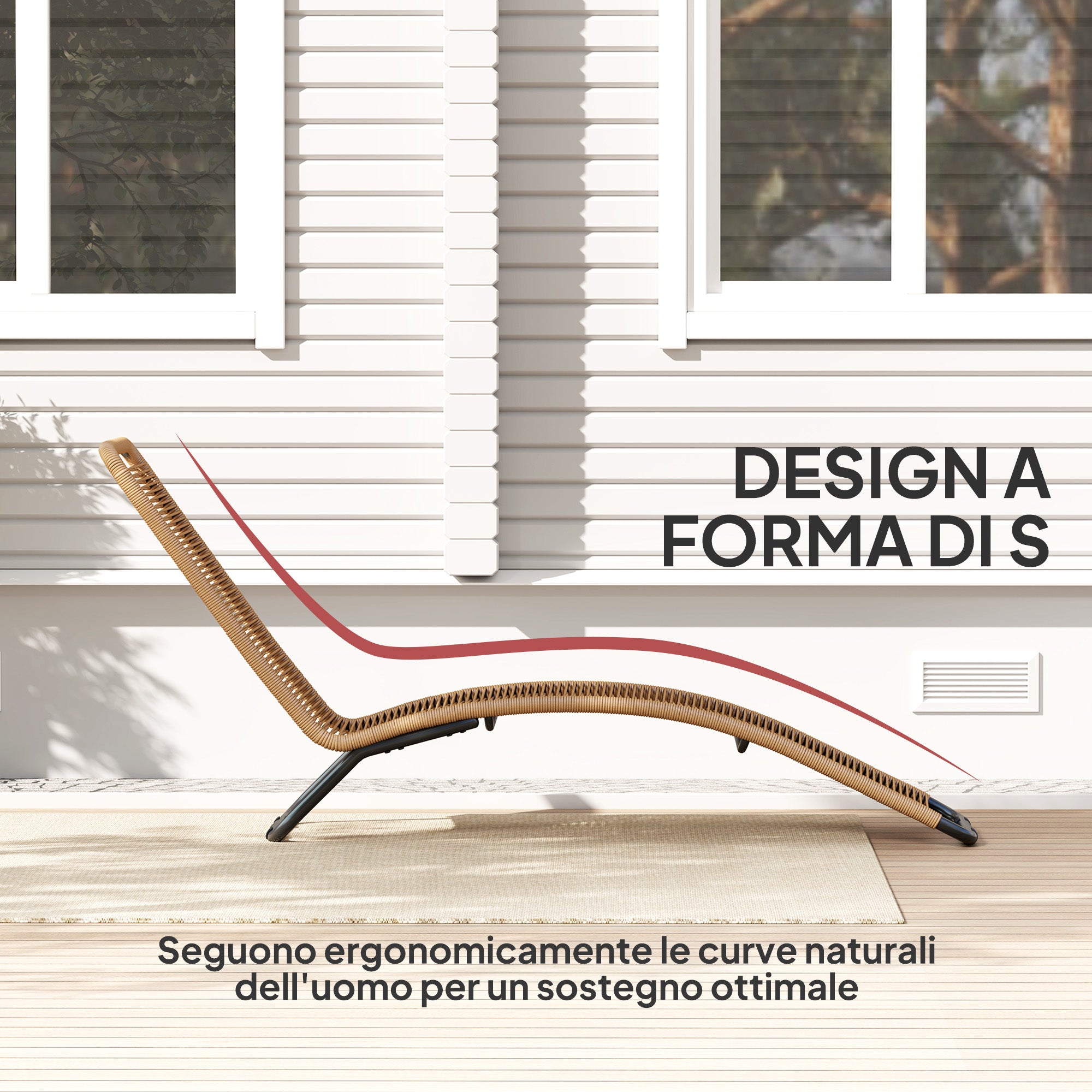 S-shaped Rattan PE and Steel Sun Lounger, Breathable Sun Loungers for Garden, Anti-UV, for Beach, Pool and Garden, 176x58x82 cm, Black and Wood Color