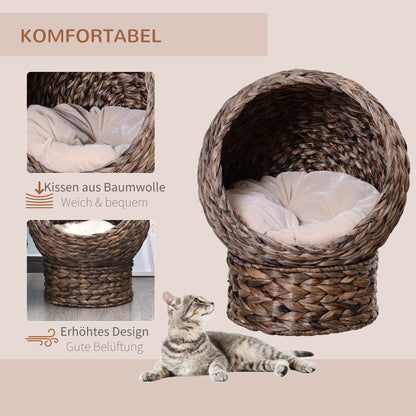 Rattan Cat Basket Cat Cave Cat House Cat Bed with Cushion Pet Bed Water Hyacinth Coffee 50 x 42 x 60 cm