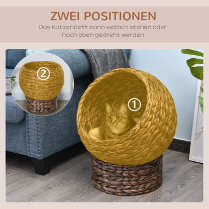 Rattan Cat Basket Cat Cave Cat House Cat Bed with Cushion Pet Bed Water Hyacinth Coffee 50 x 42 x 60 cm