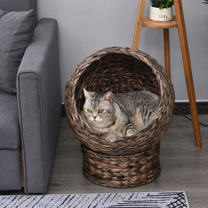Rattan Cat Basket Cat Cave Cat House Cat Bed with Cushion Pet Bed Water Hyacinth Coffee 50 x 42 x 60 cm