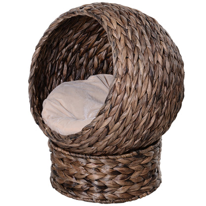 Rattan Cat Basket Cat Cave Cat House Cat Bed with Cushion Pet Bed Water Hyacinth Coffee 50 x 42 x 60 cm
