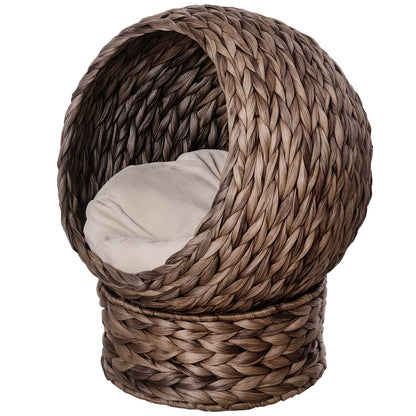 Rattan Cat Basket Cat Cave Cat House Cat Bed with Cushion Pet Bed Water Hyacinth Coffee 50 x 42 x 60 cm