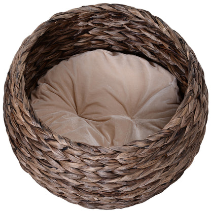 Rattan Cat Basket Cat Cave Cat House Cat Bed with Cushion Pet Bed Water Hyacinth Coffee 50 x 42 x 60 cm