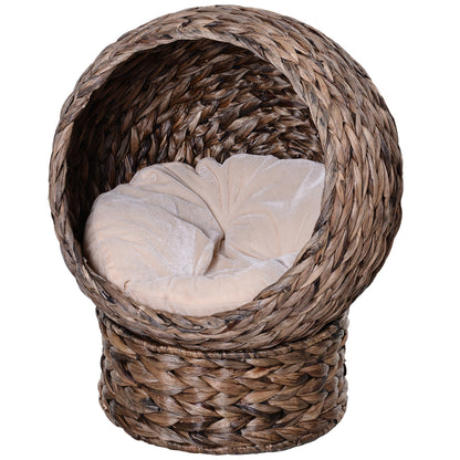 Rattan Cat Basket Cat Cave Cat House Cat Bed with Cushion Pet Bed Water Hyacinth Coffee 50 x 42 x 60 cm
