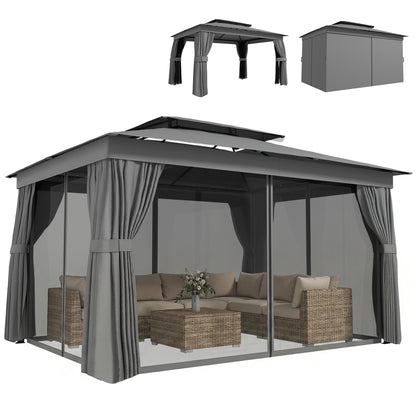 Gazebo 3.8 x 3 m — Water-Resistant, Stable, Weather-Resistant Garden Gazebo with Double Roof, Curtains & Mosquito Net, Party Tent with Hooks, Metal Frame, Dark Gray