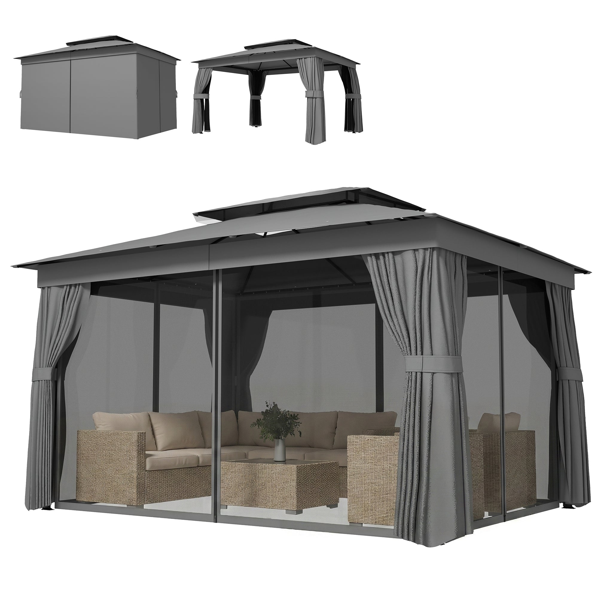 Gazebo 3.8 x 3 m — Water-Resistant, Stable, Weather-Resistant Garden Gazebo with Double Roof, Curtains & Mosquito Net, Party Tent with Hooks, Metal Frame, Dark Gray
