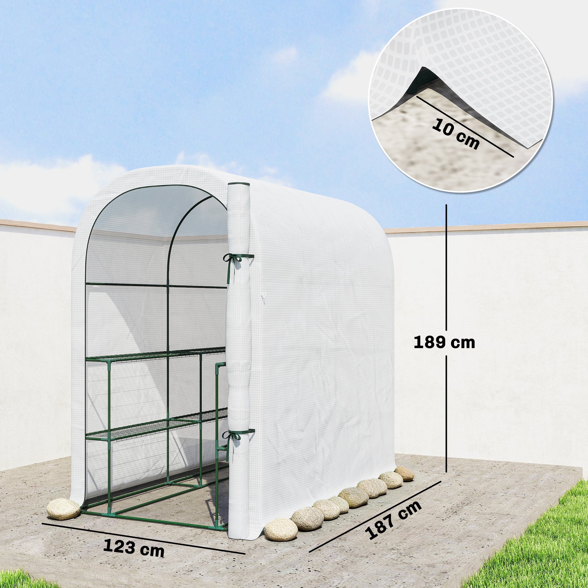 Garden Greenhouse with Shelves, 123 x 187 x 189 cm (48.4 x 73.6 x 74.4 in) – Roll-Up Door, 140 gsm High-Density PE Cover, Extended 10 cm, White