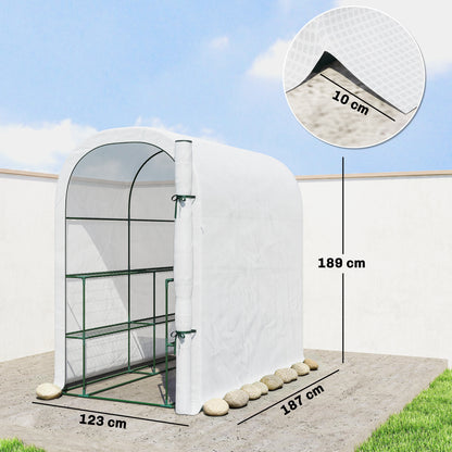 Garden Greenhouse with Shelves, 123 x 187 x 189 cm (48.4 x 73.6 x 74.4 in) – Roll-Up Door, 140 gsm High-Density PE Cover, Extended 10 cm, White