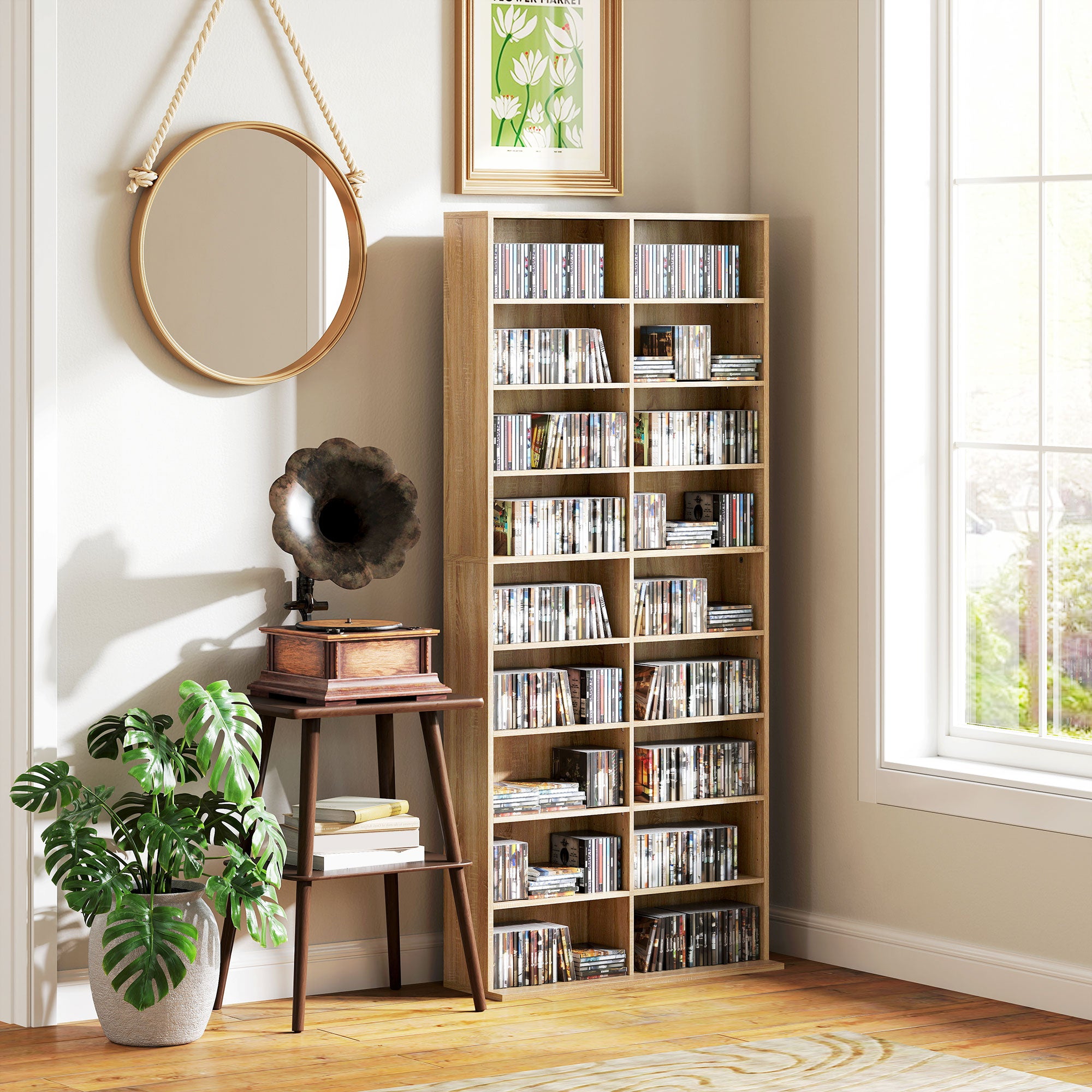 Media Shelf for CDs, DVDs & Blu-rays – Holds up to 640 CDs / 360 DVDs / 430 Blu-rays, Adjustable Shelves, Natural Wood Finish (31 x 9.4 x 68.9 in)