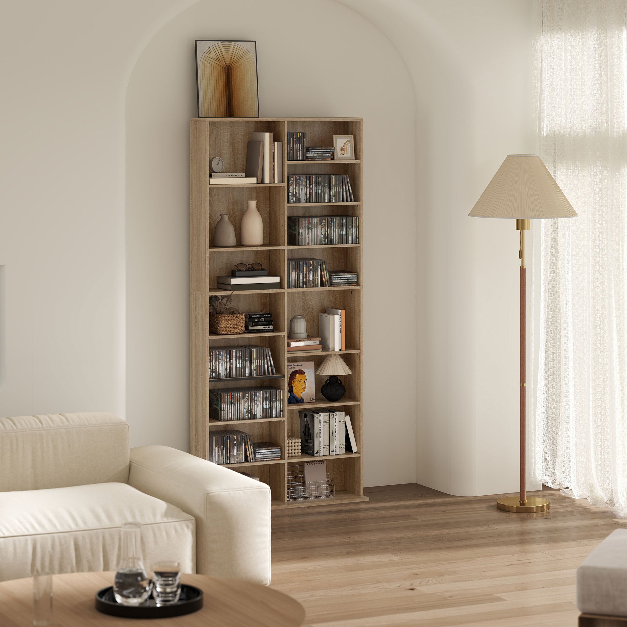 Media Shelf for CDs, DVDs & Blu-rays – Holds up to 640 CDs / 360 DVDs / 430 Blu-rays, Adjustable Shelves, Natural Wood Finish (31 x 9.4 x 68.9 in)