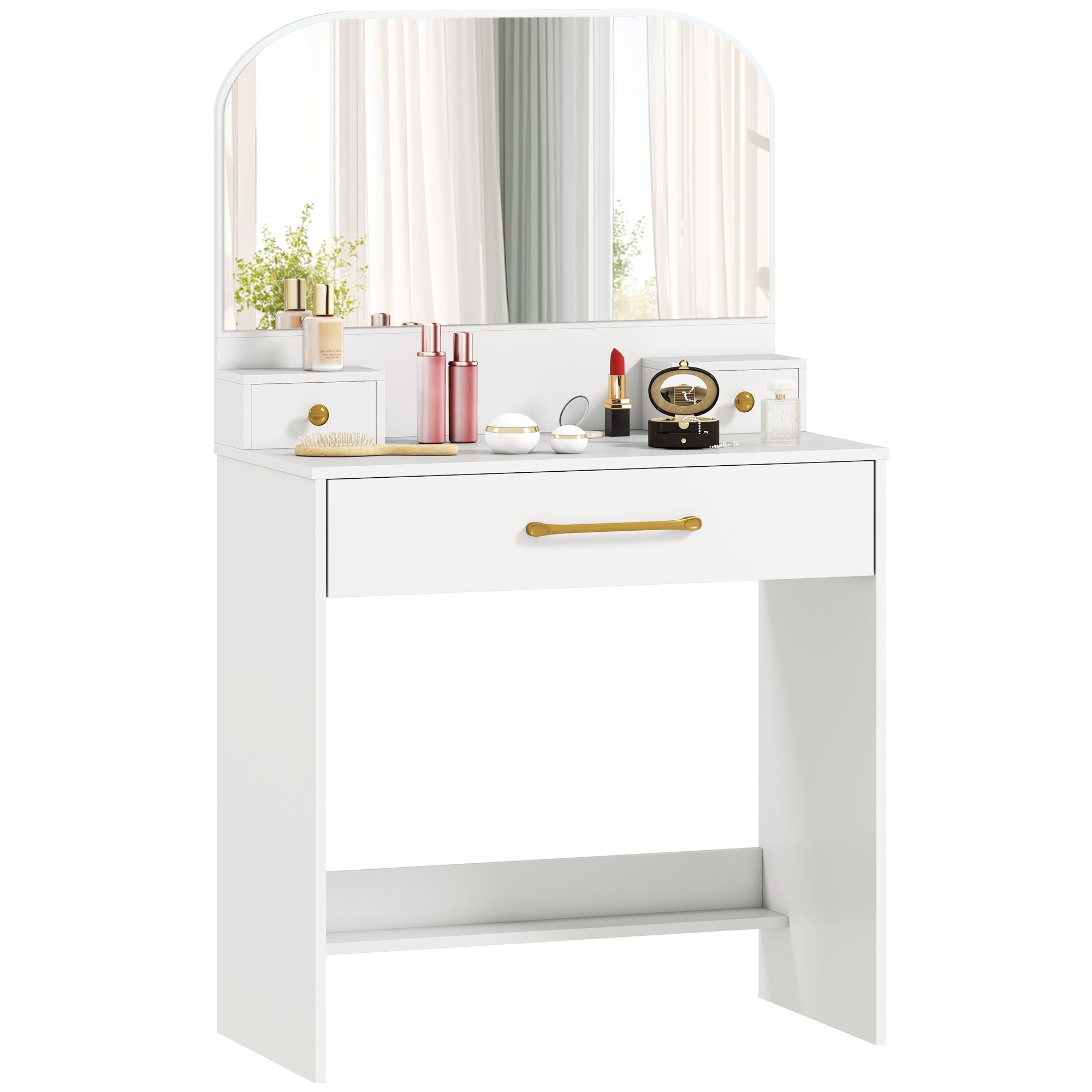 Curved-Mirror Vanity Table, 3-Drawer Makeup Desk for Small Spaces, White, 31.5 x 15.7 x 53.1 in