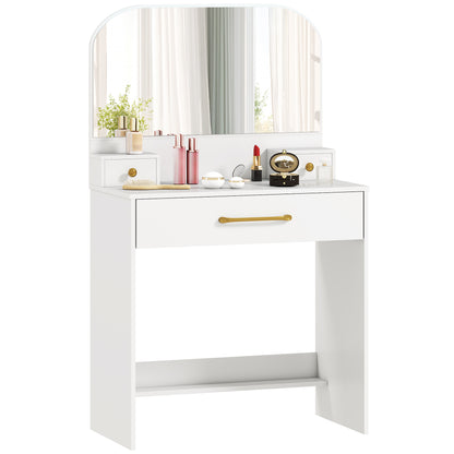Curved-Mirror Vanity Table, 3-Drawer Makeup Desk for Small Spaces, White, 31.5 x 15.7 x 53.1 in