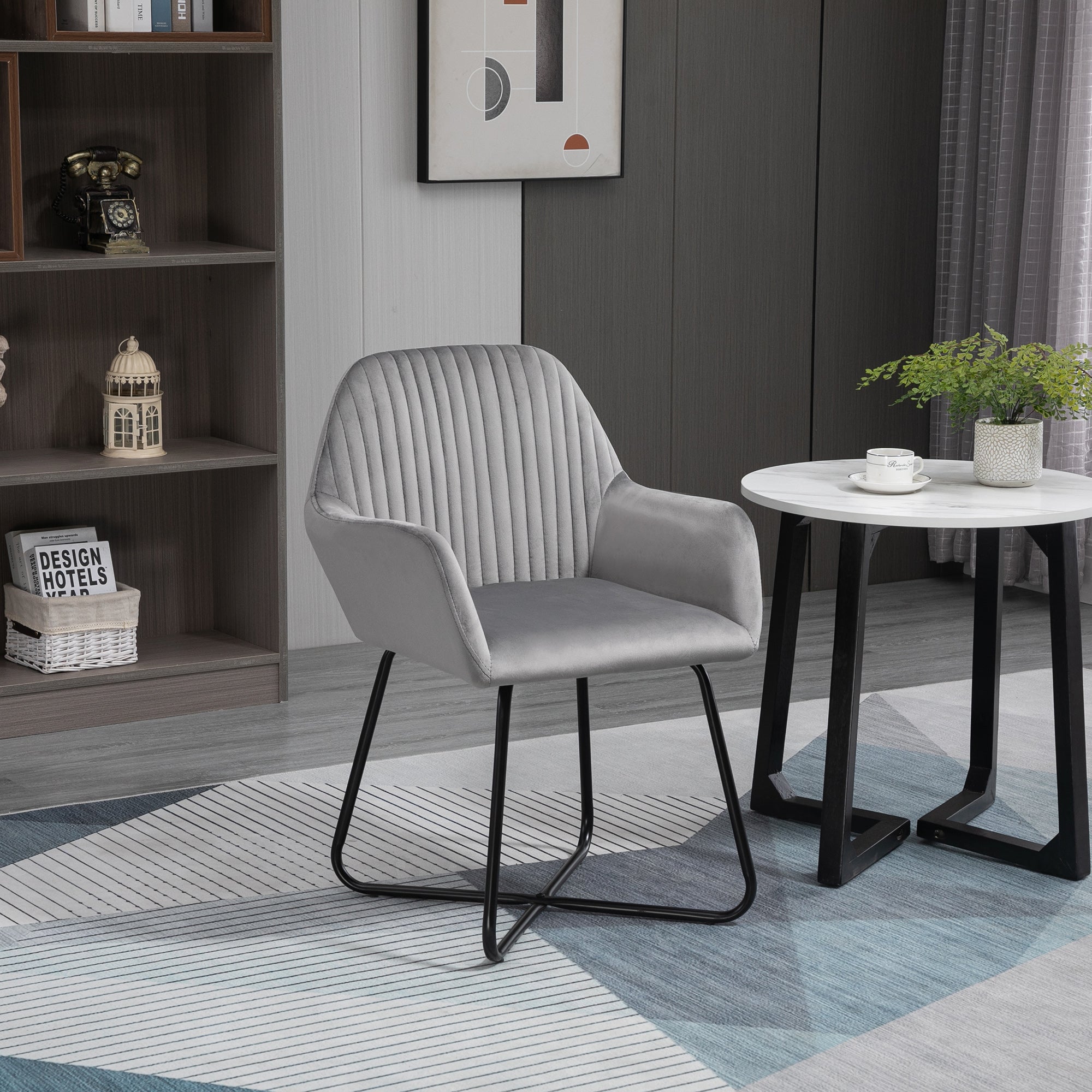 Lounge Armchair Upholstered in Velvet with Padded Seat Crossed Metal Base Reading Armchair for Living Room Bedroom Gray