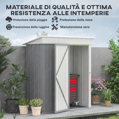 Steel Base Garden Shed with 2 Adjustable Shelves, Tool Storage Shed with Roof and Lockable Door, 161x95x163/181cm, Grey