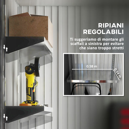 Steel Base Garden Shed with 2 Adjustable Shelves, Tool Storage Shed with Roof and Lockable Door, 161x95x163/181cm, Grey