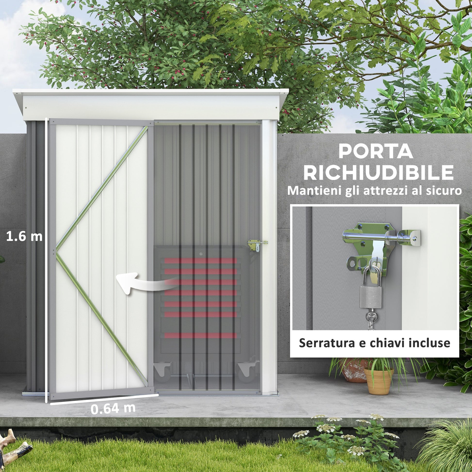 Steel Base Garden Shed with 2 Adjustable Shelves, Tool Storage Shed with Roof and Lockable Door, 161x95x163/181cm, Grey