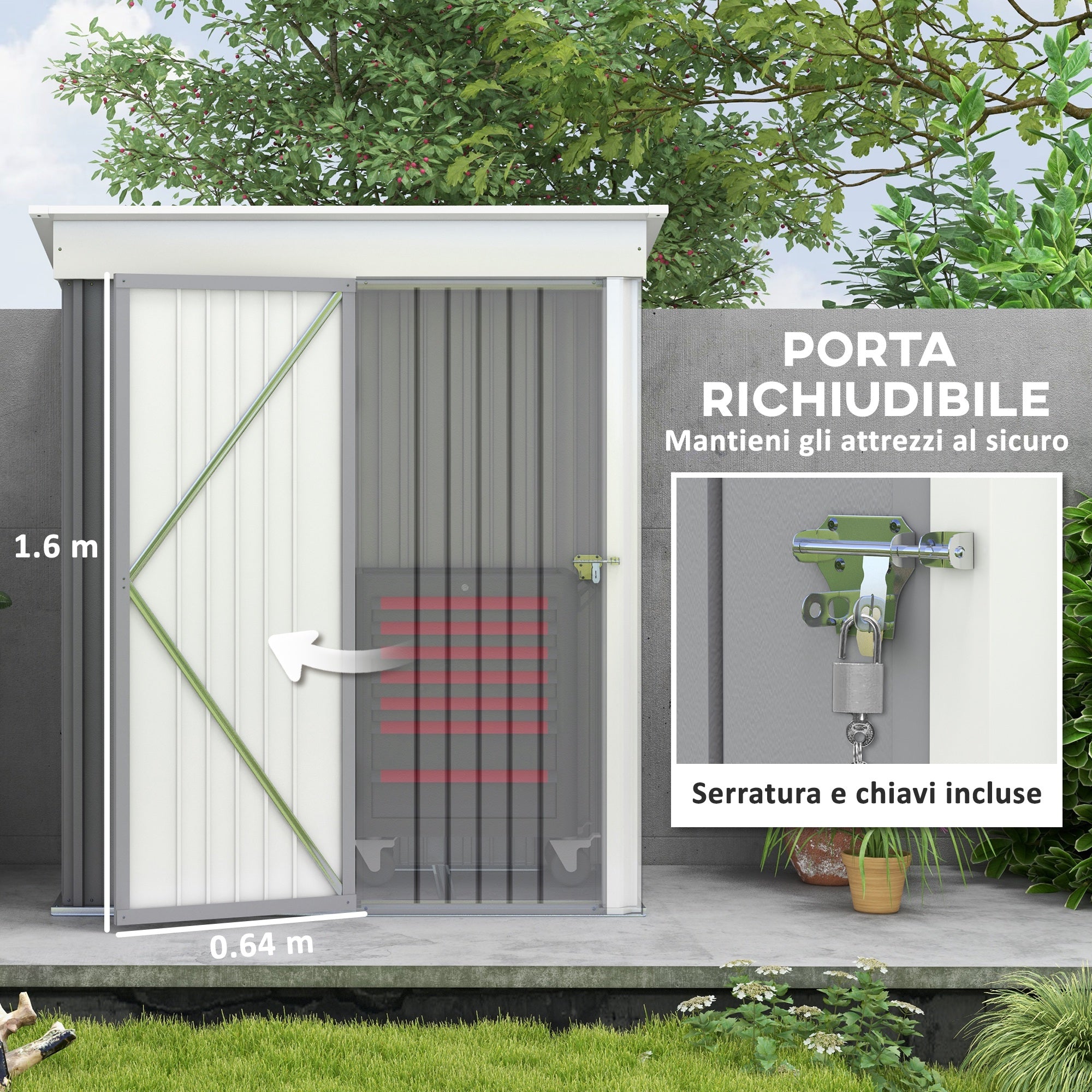 Steel Base Garden Shed with 2 Adjustable Shelves, Tool Storage Shed with Roof and Lockable Door, 161x95x163/181cm, Grey