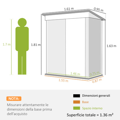 Steel Base Garden Shed with 2 Adjustable Shelves, Tool Storage Shed with Roof and Lockable Door, 161x95x163/181cm, Grey