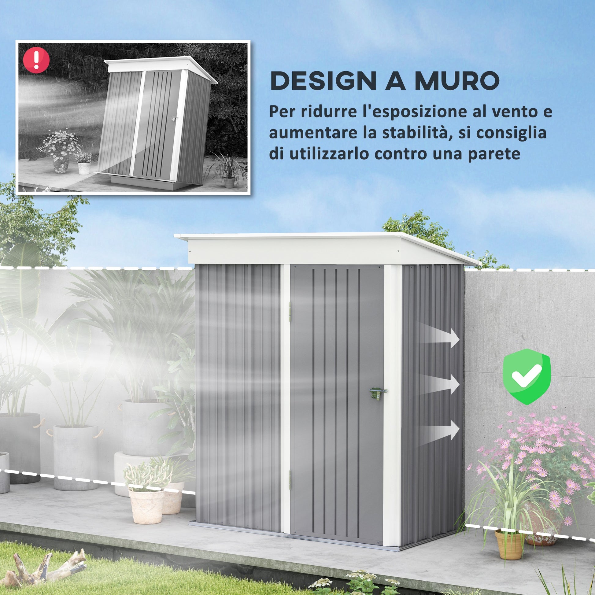 Steel Base Garden Shed with 2 Adjustable Shelves, Tool Storage Shed with Roof and Lockable Door, 161x95x163/181cm, Grey