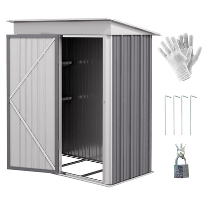 Steel Base Garden Shed with 2 Adjustable Shelves, Tool Storage Shed with Roof and Lockable Door, 161x95x163/181cm, Grey