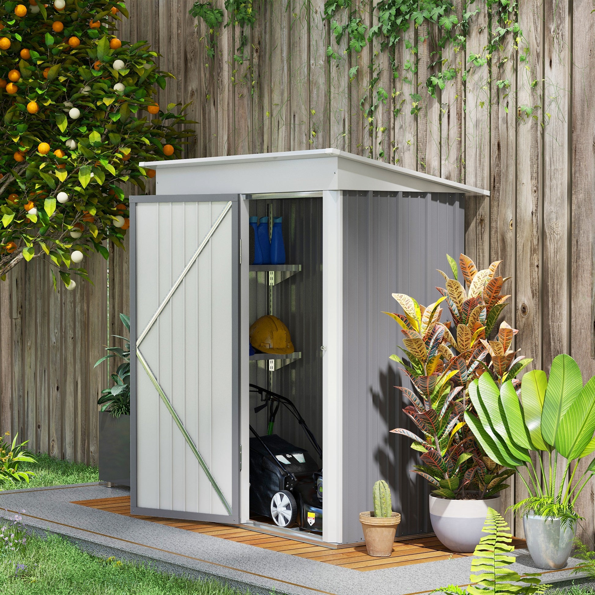 Steel Base Garden Shed with 2 Adjustable Shelves, Tool Storage Shed with Roof and Lockable Door, 161x95x163/181cm, Grey