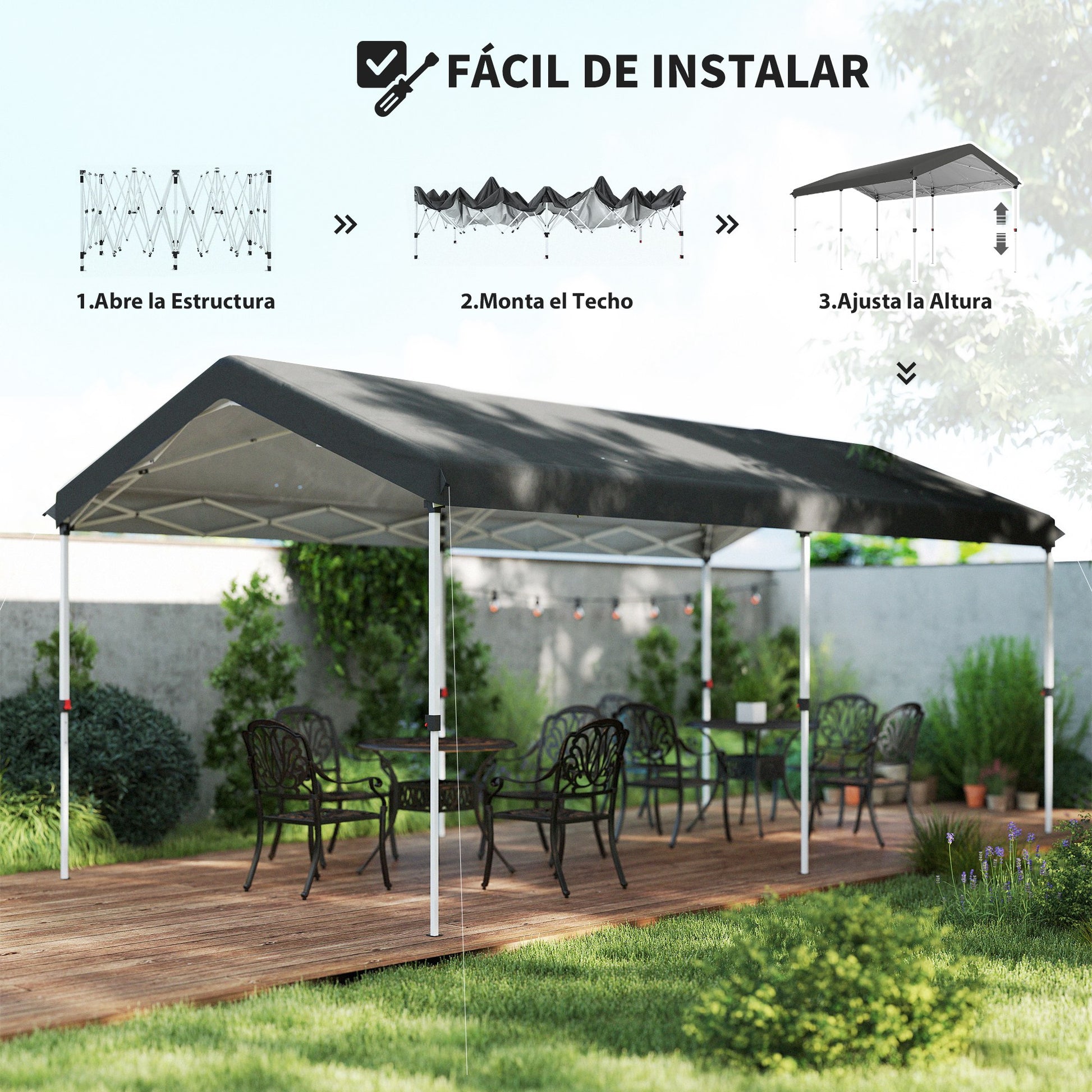 Foldable Gazebo 6x3 m Garden Canopy with 3-Level Adjustable Height UV50+ Protection Waterproof and Transport Bag Outdoor Gazebo Dark Gray
