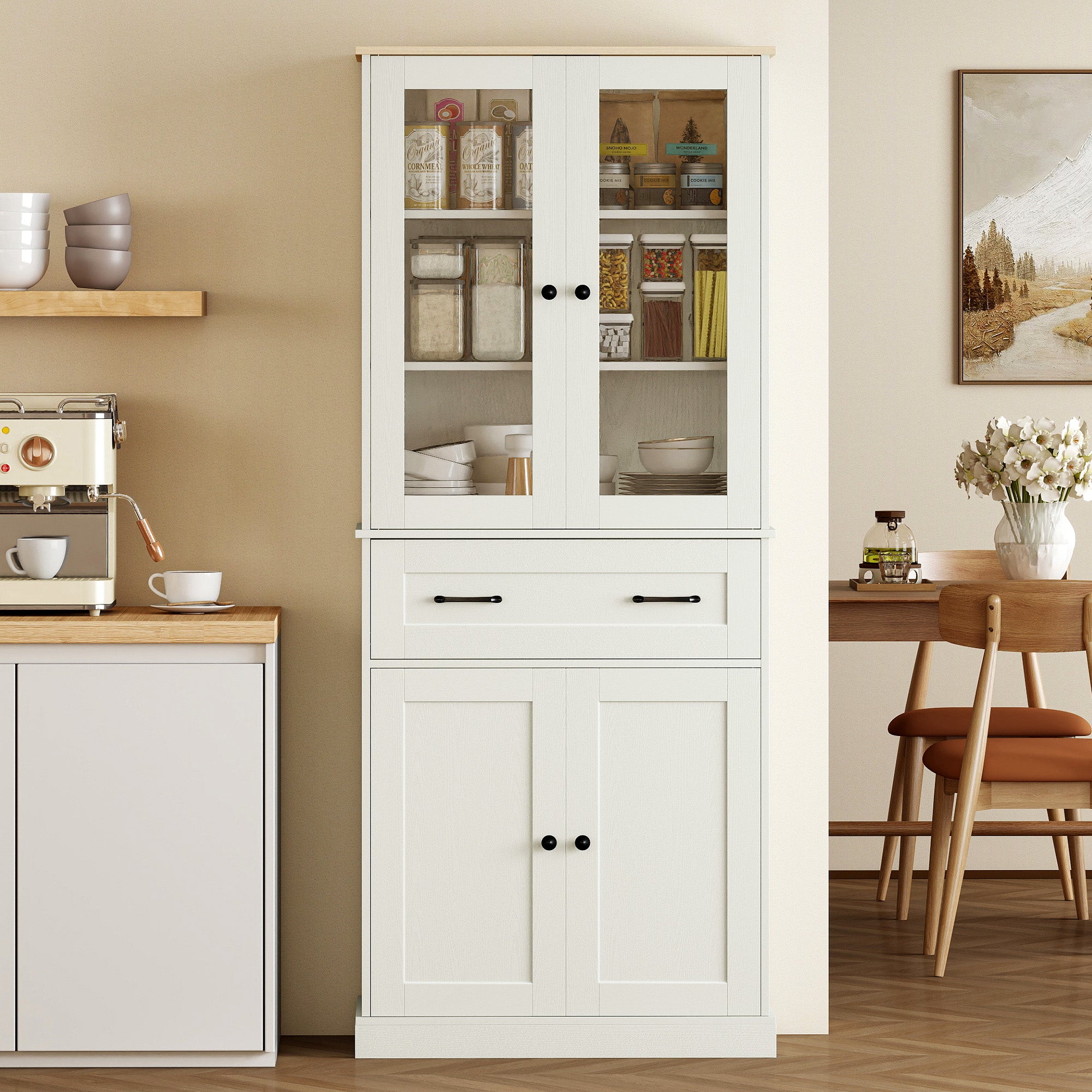 Kitchen Pantry Cabinet, Storage Cupboard with 2 Acrylic Doors, Large Drawer & Adjustable Shelves for Dining Room, 76 x 40 x 182.5 cm (29.9 x 15.7 x 71.9 in), Cream