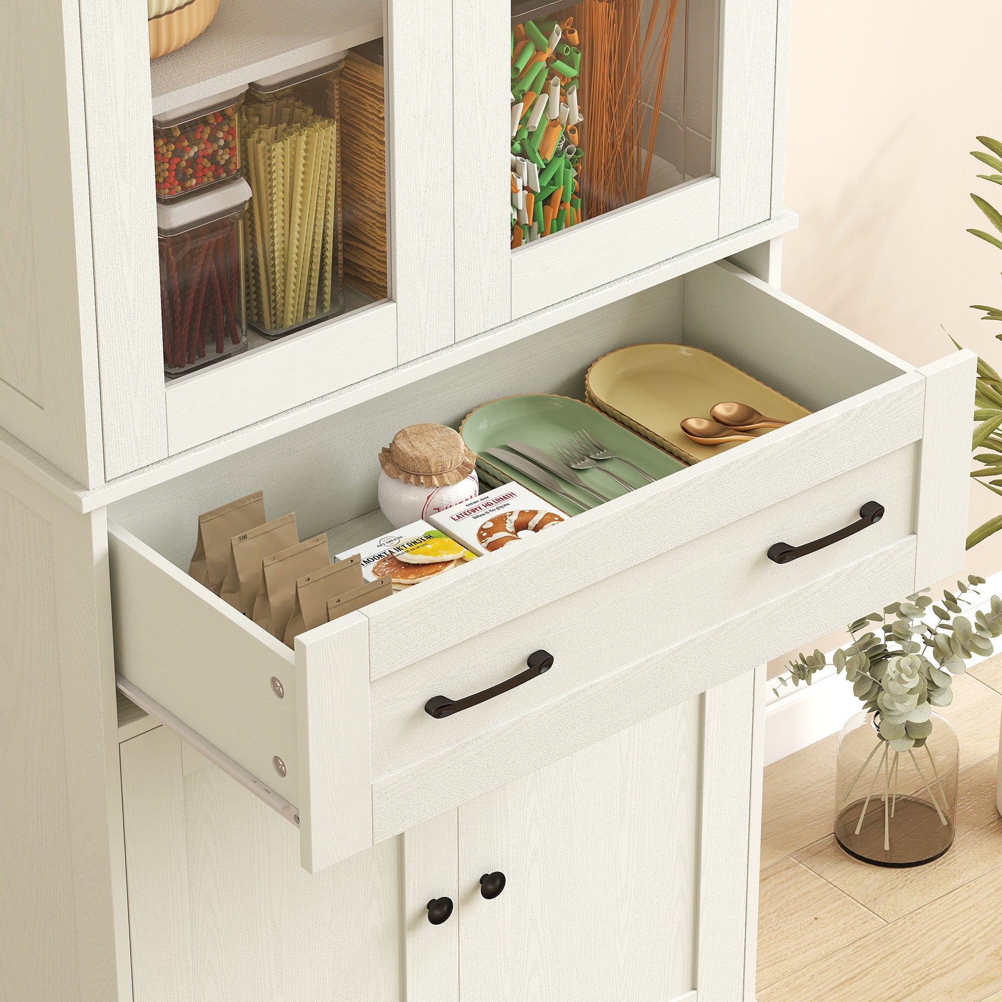 Kitchen Pantry Cabinet, Storage Cupboard with 2 Acrylic Doors, Large Drawer & Adjustable Shelves for Dining Room, 76 x 40 x 182.5 cm (29.9 x 15.7 x 71.9 in), Cream