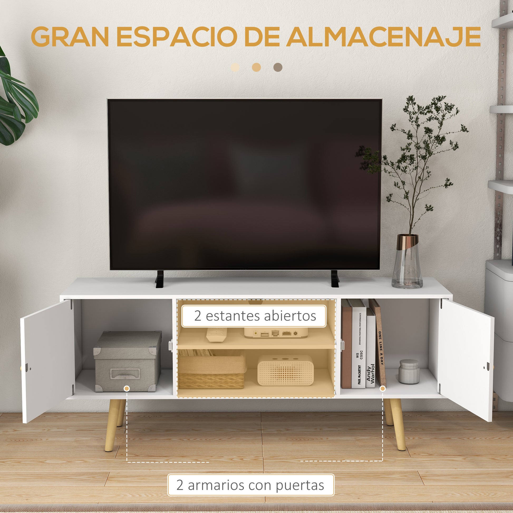 TV Stand Living Room TV Table with 2 Doors 2 Storage Shelves for TVs up to 55 Inches for Bedroom 120x34x50 cm White