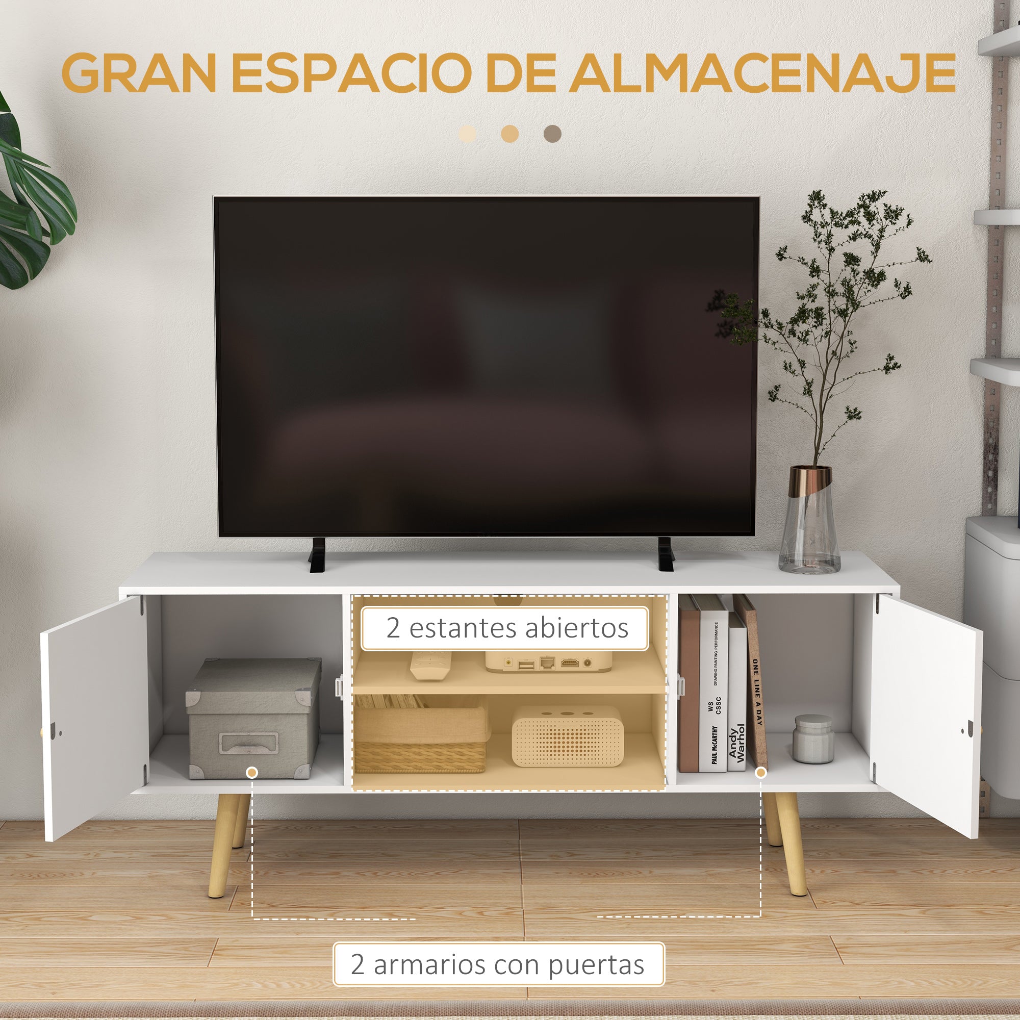 TV Stand Living Room TV Table with 2 Doors 2 Storage Shelves for TVs up to 55 Inches for Bedroom 120x34x50 cm White