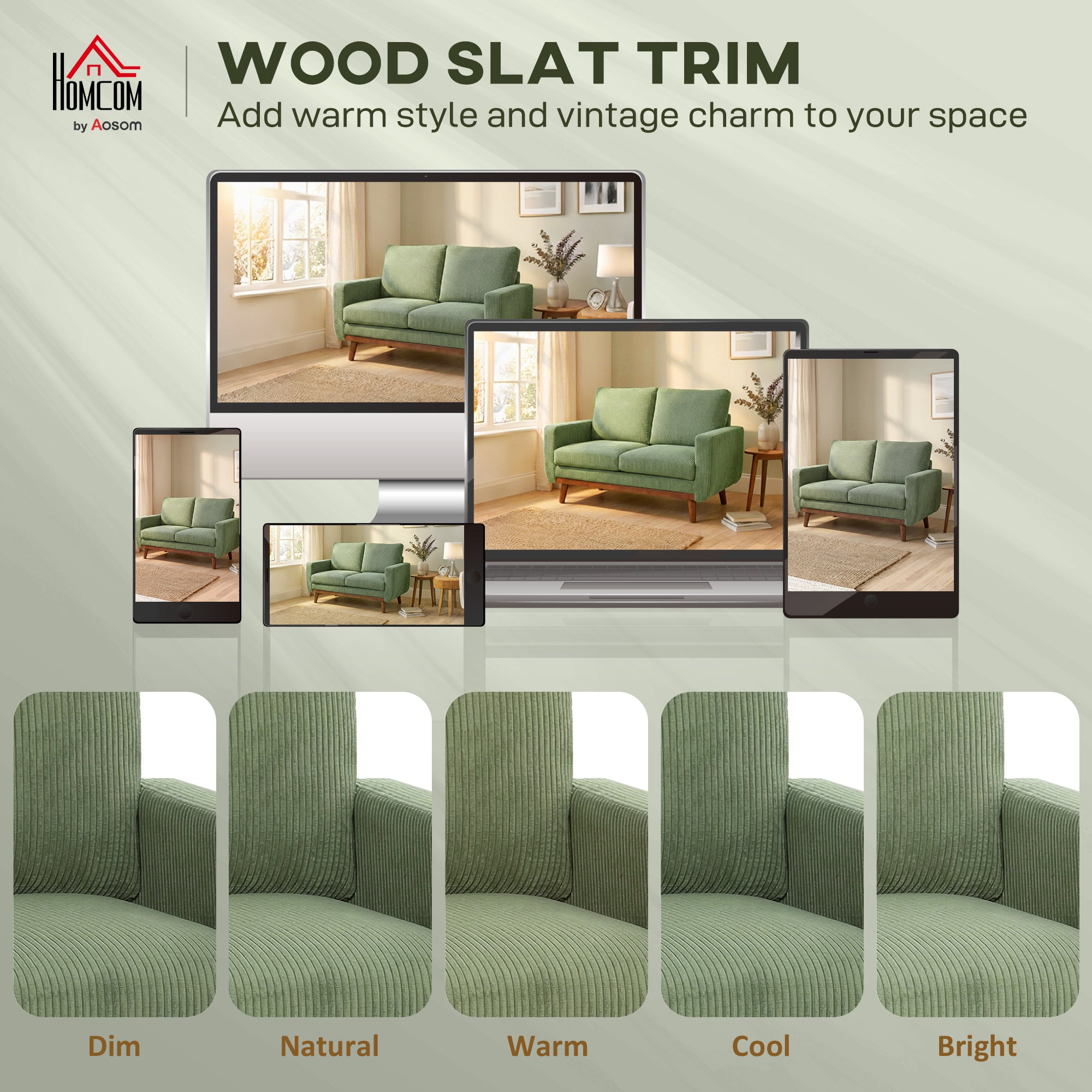 2-Seater Cord Sofa 134 cm (53") – Plush Backrest, Wood-Slat Accent, Comfortable Modern Upholstered Couch for Small Spaces, Living Room, Bedroom, Easy Assembly, Green