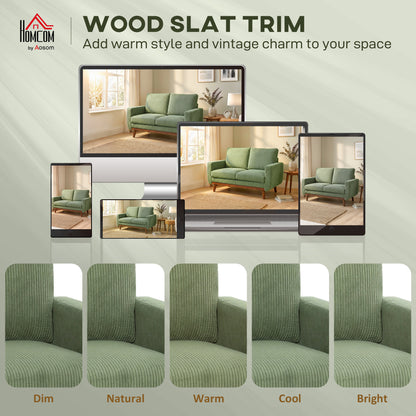 2-Seater Cord Sofa 134 cm (53") – Plush Backrest, Wood-Slat Accent, Comfortable Modern Upholstered Couch for Small Spaces, Living Room, Bedroom, Easy Assembly, Green