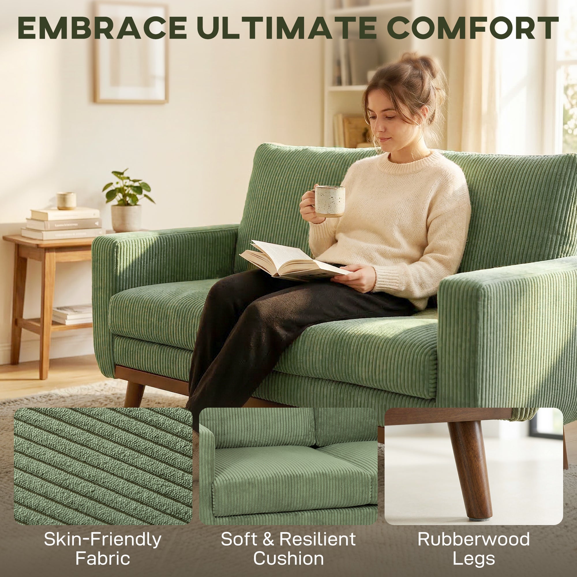 2-Seater Cord Sofa 134 cm (53") – Plush Backrest, Wood-Slat Accent, Comfortable Modern Upholstered Couch for Small Spaces, Living Room, Bedroom, Easy Assembly, Green
