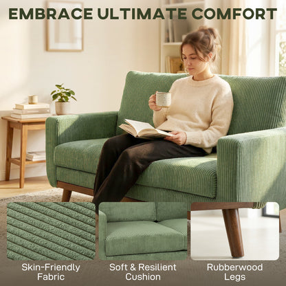 2-Seater Cord Sofa 134 cm (53") – Plush Backrest, Wood-Slat Accent, Comfortable Modern Upholstered Couch for Small Spaces, Living Room, Bedroom, Easy Assembly, Green